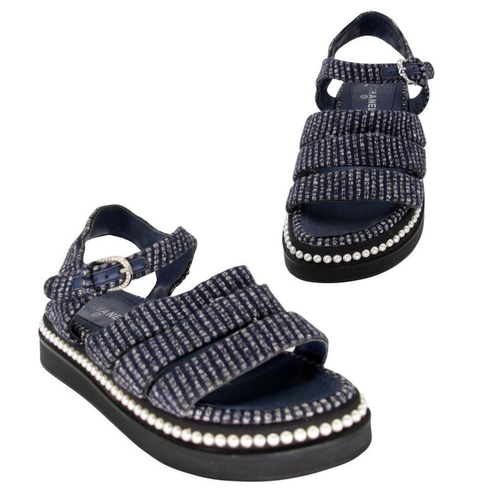 Chanel Mother Pearl CC 35.5 Tweed Chunky Beach Sandals CC-S0207P-C017